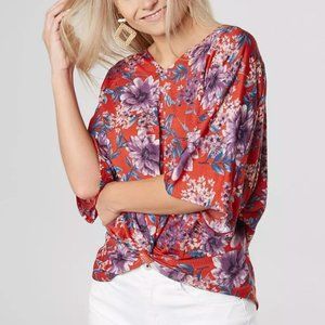Daytrip Floral Buckle Twist Front High Low Blouse